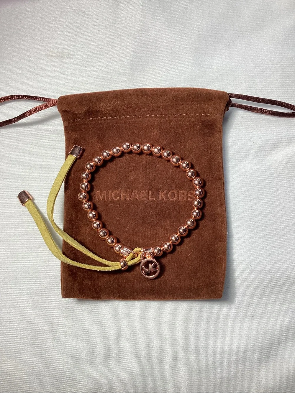 Michael Kors Rose Gold Beaded Logo Bracelet - Pinkish Rose Gold NWT & Velvet Bag